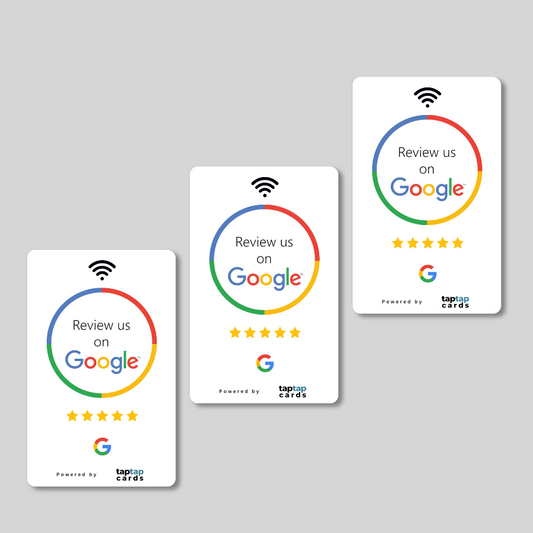 3 Google Review Cards by Tap Tap Cards. The best way to get more Google Reviews.