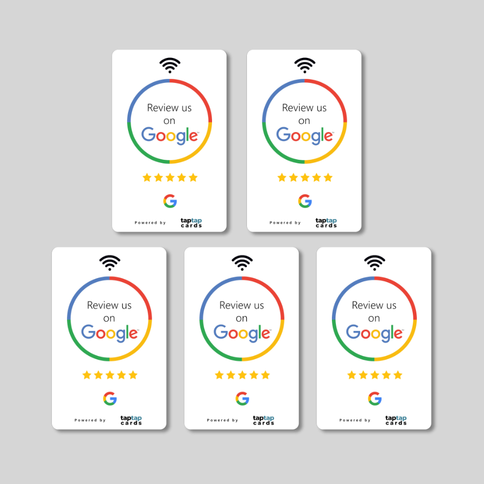 5 Google Review Cards by Tap Tap Cards. The best way to get more Google Reviews.